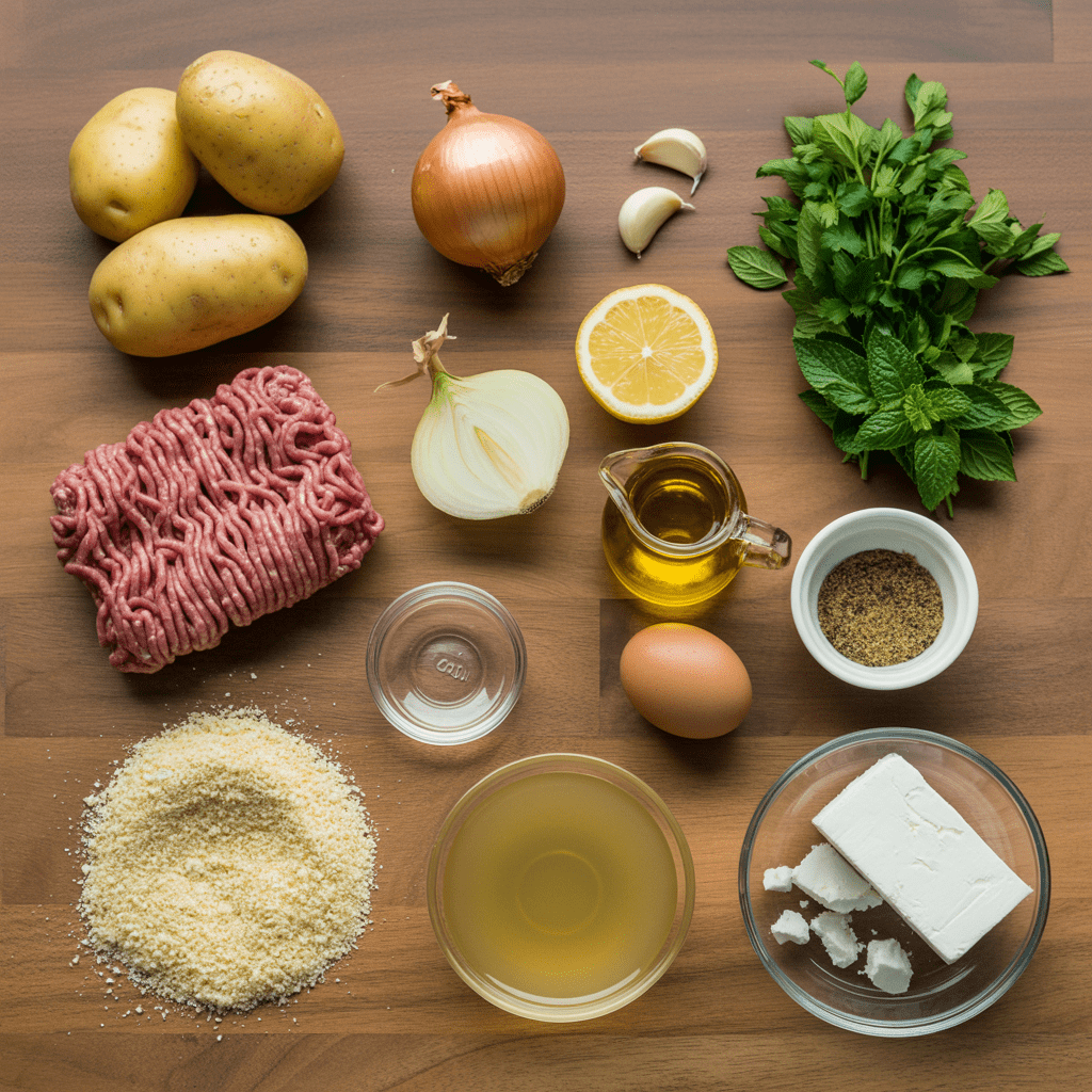 Ingredients for sheet pan biftekia and lemony potatoes arranged on a kitchen counter