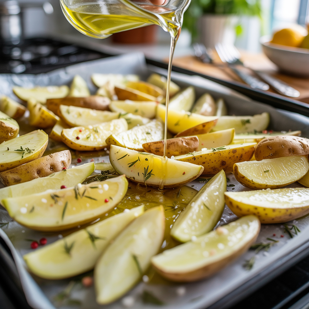 Potato wedges seasoned with olive oil and oregano on a sheet pan with lemon broth