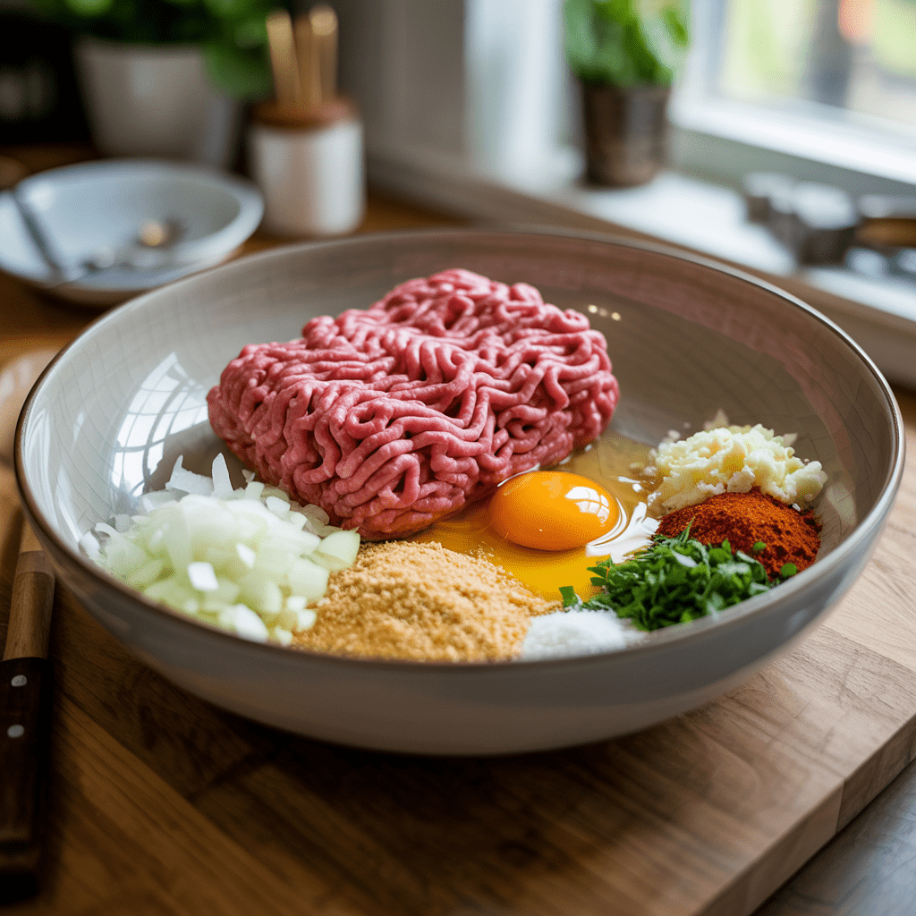 Ground beef, grated onion, herbs and breadcrumbs in a bowl for Greek biftekia