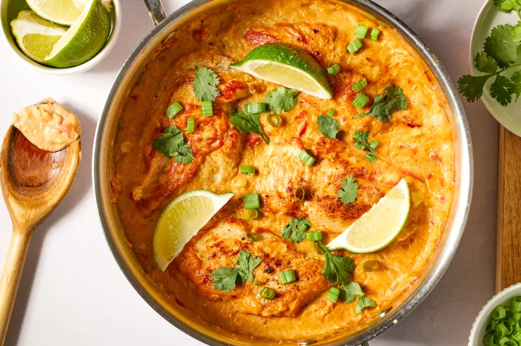 Easy chicken skillet dinner with creamy Southwest corn and seared chicken breasts