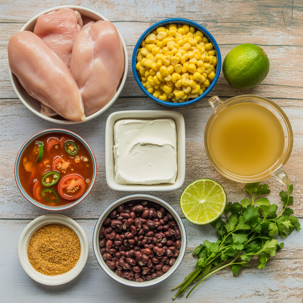 Overhead view of ingredients for creamy Southwest chicken skillet dinner, including chicken breasts, creamed corn, cream cheese, tomatoes, broth, and taco seasoning.