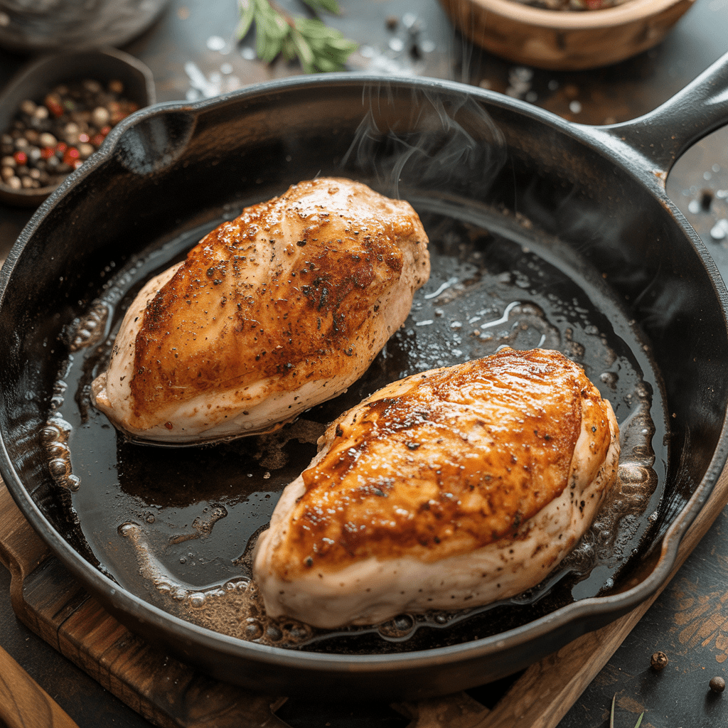 Chicken breasts searing in a hot skillet until golden for an easy chicken skillet dinner.