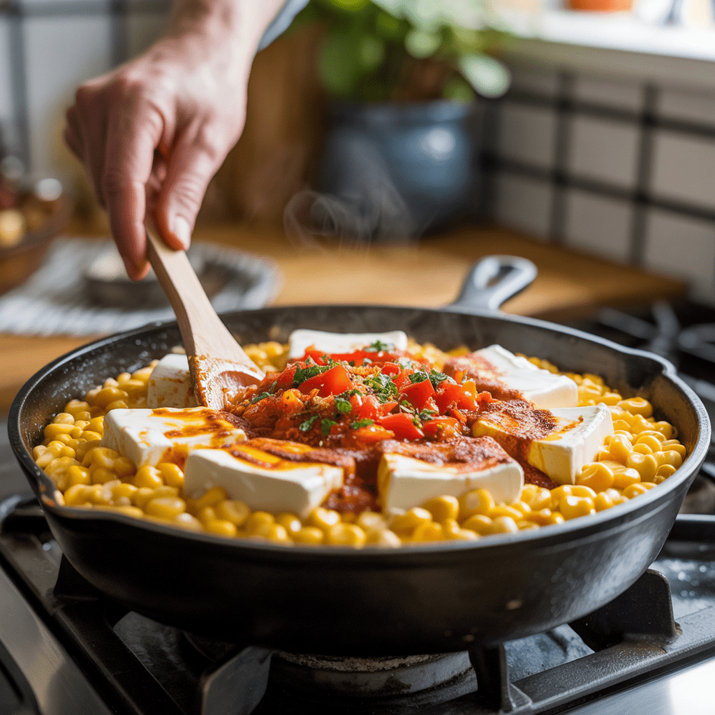 Creamy Southwest corn sauce with cream cheese and tomatoes being stirred in a skillet for the chicken dinner.