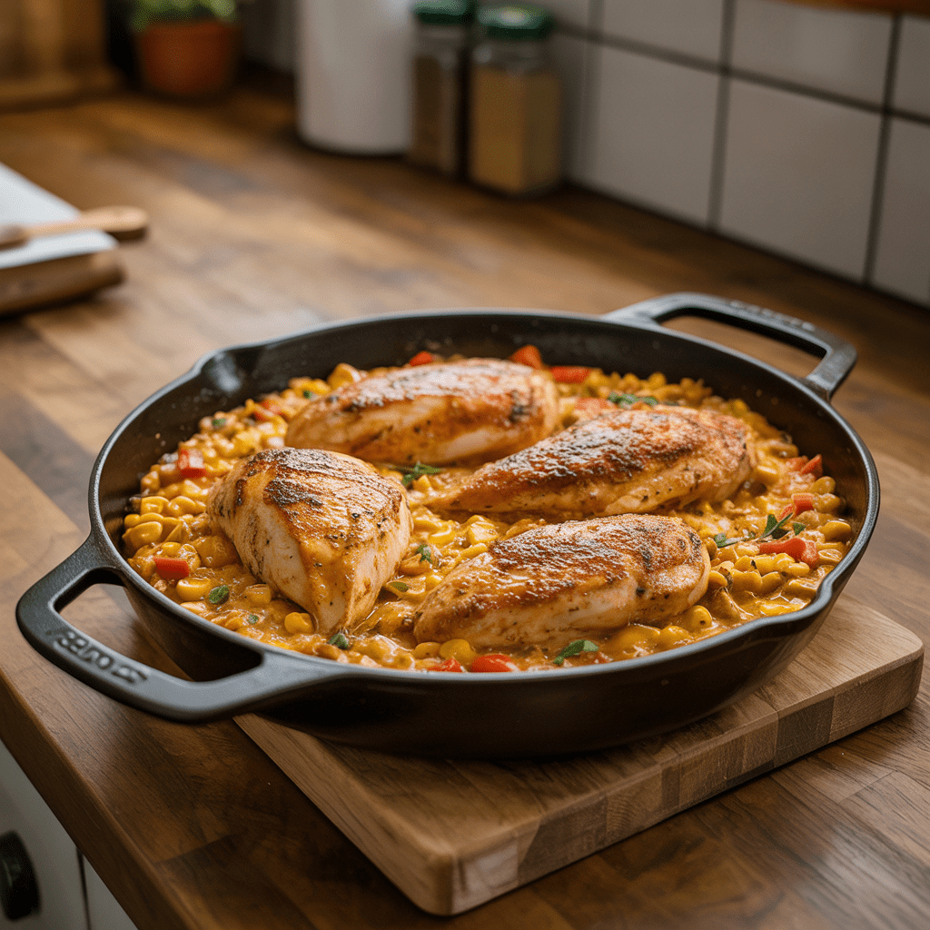 Oven safe skillet with seared chicken arranged over creamy Southwest corn, ready to bake.