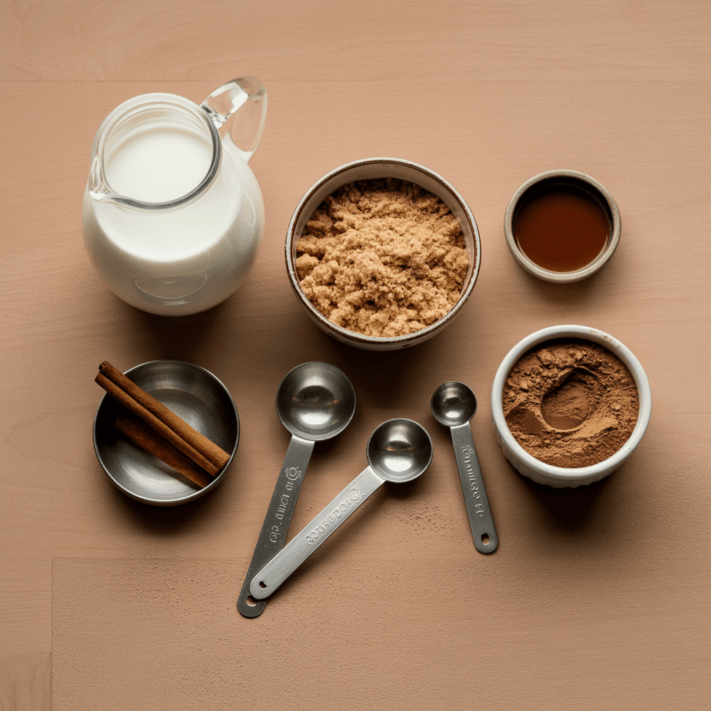 Whole milk brown sugar vanilla and spices arranged on a countertop for homemade coffee creamer