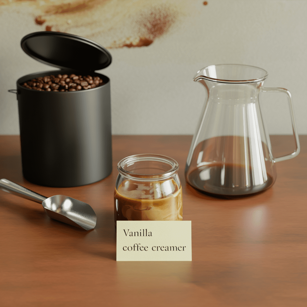 Home coffee station with a labeled jar of homemade vanilla coffee creamer next to coffee beans and a dripper