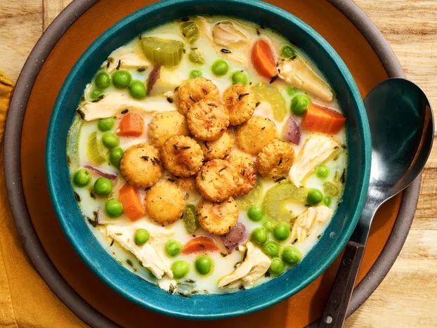 Bowl of chicken pot pie soup topped with crackers 