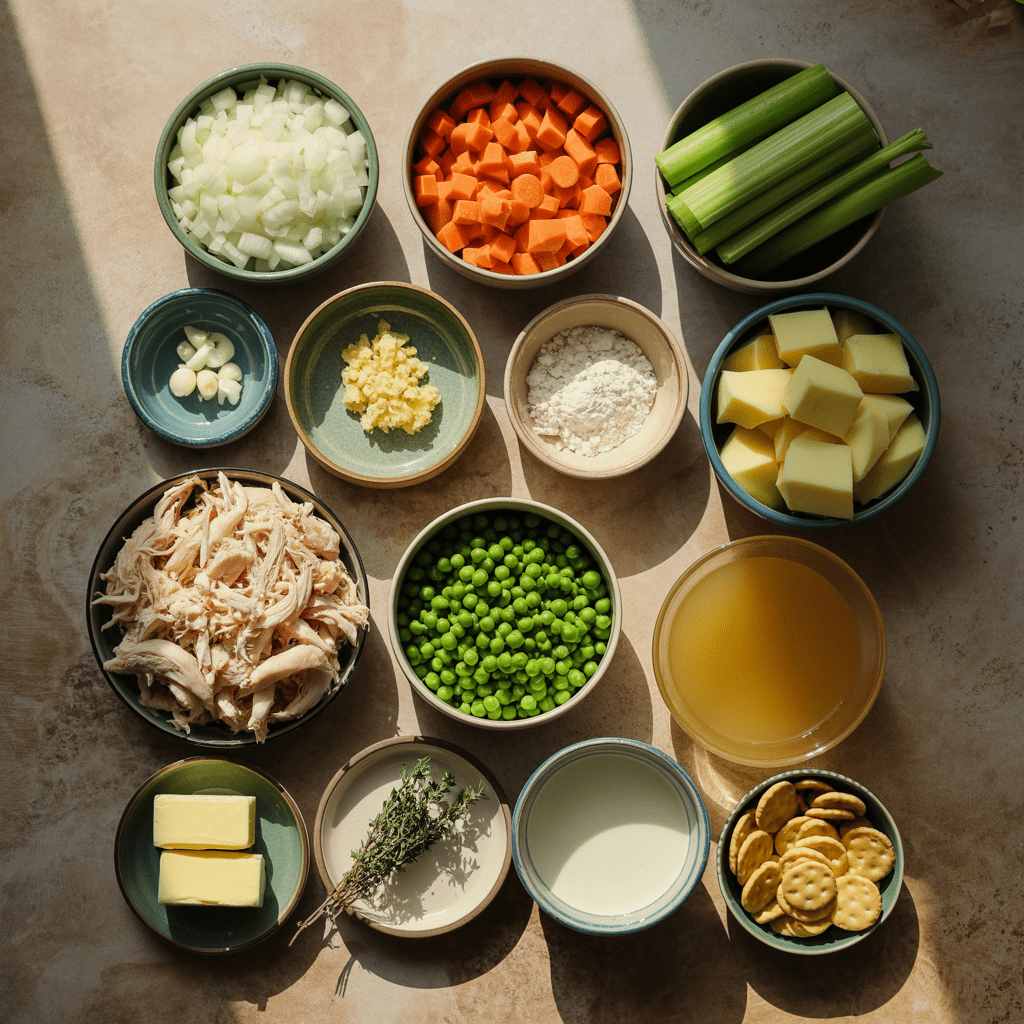 Overhead view of ingredients for chicken pot pie soup including shredded rotisserie chicken, vegetables, potatoes, peas, broth, flour, and oyster crackers
