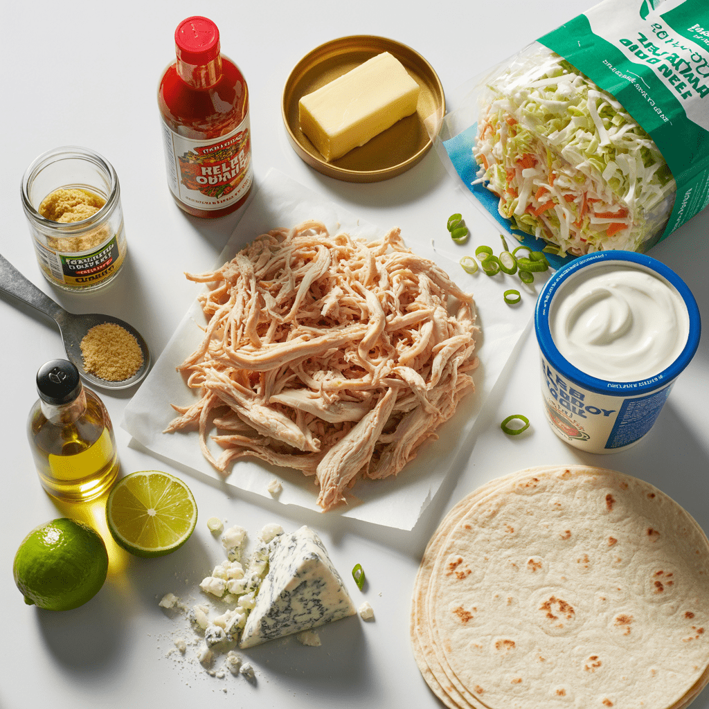 Ingredients for Buffalo chicken tacos including rotisserie chicken hot sauce coleslaw mix tortillas and blue cheese