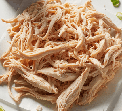 Pile of freshly shredded rotisserie chicken on parchment paper, ready to use as filling for Buffalo chicken tacos.