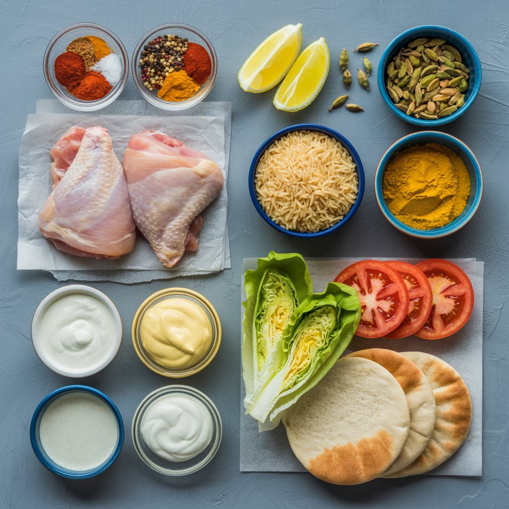 Neat overhead layout of the main ingredients grouped by component: raw chicken thighs with spices and lemon, basmati rice with turmeric and cardamom, yogurt and mayonnaise for white sauce, plus fresh lettuce, tomato, and pita.