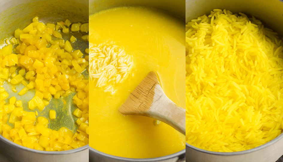 Three-image collage showing how to cook turmeric rice for Chicken Over Rice with White Sauce: first, diced onions are sautéed in oil and turmeric in a pot until soft and golden; second, rice and bright yellow broth are stirred together with a wooden spoon; third, the rice is cooked and fluffed, revealing a pot full of tender, vibrant yellow grains.
