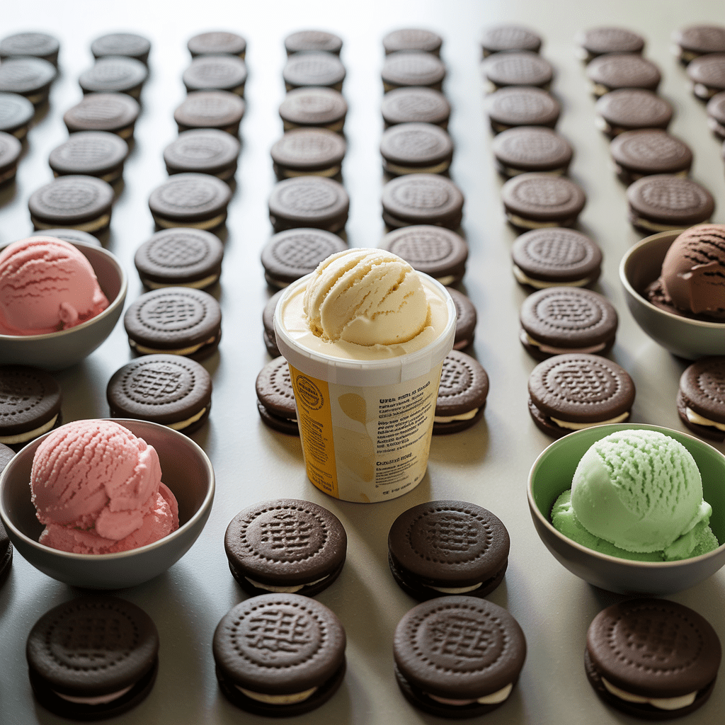 Flat lay of sandwich cookies and a pint of ice cream showing simple ingredients for mini ice cream sandwiches