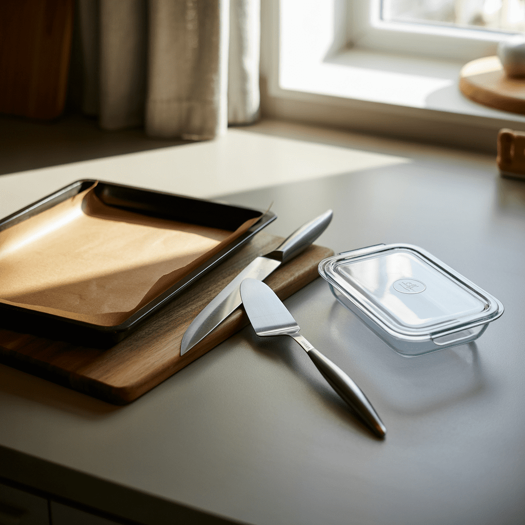 Baking sheet, parchment paper, knife, offset spatula, and airtight container for making ice cream sandwiches