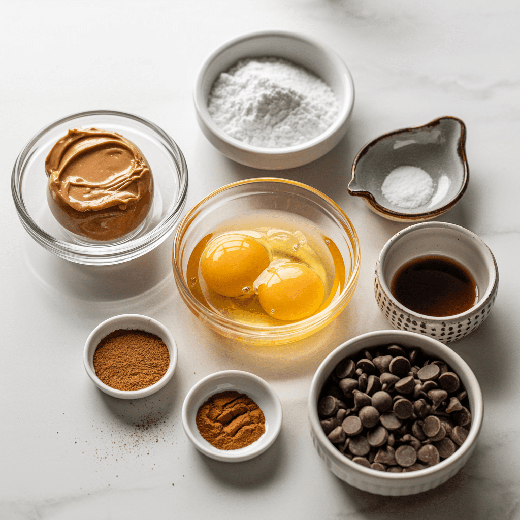 Measured ingredients for three ingredient almond butter pancakes including eggs almond butter baking powder and optional spices