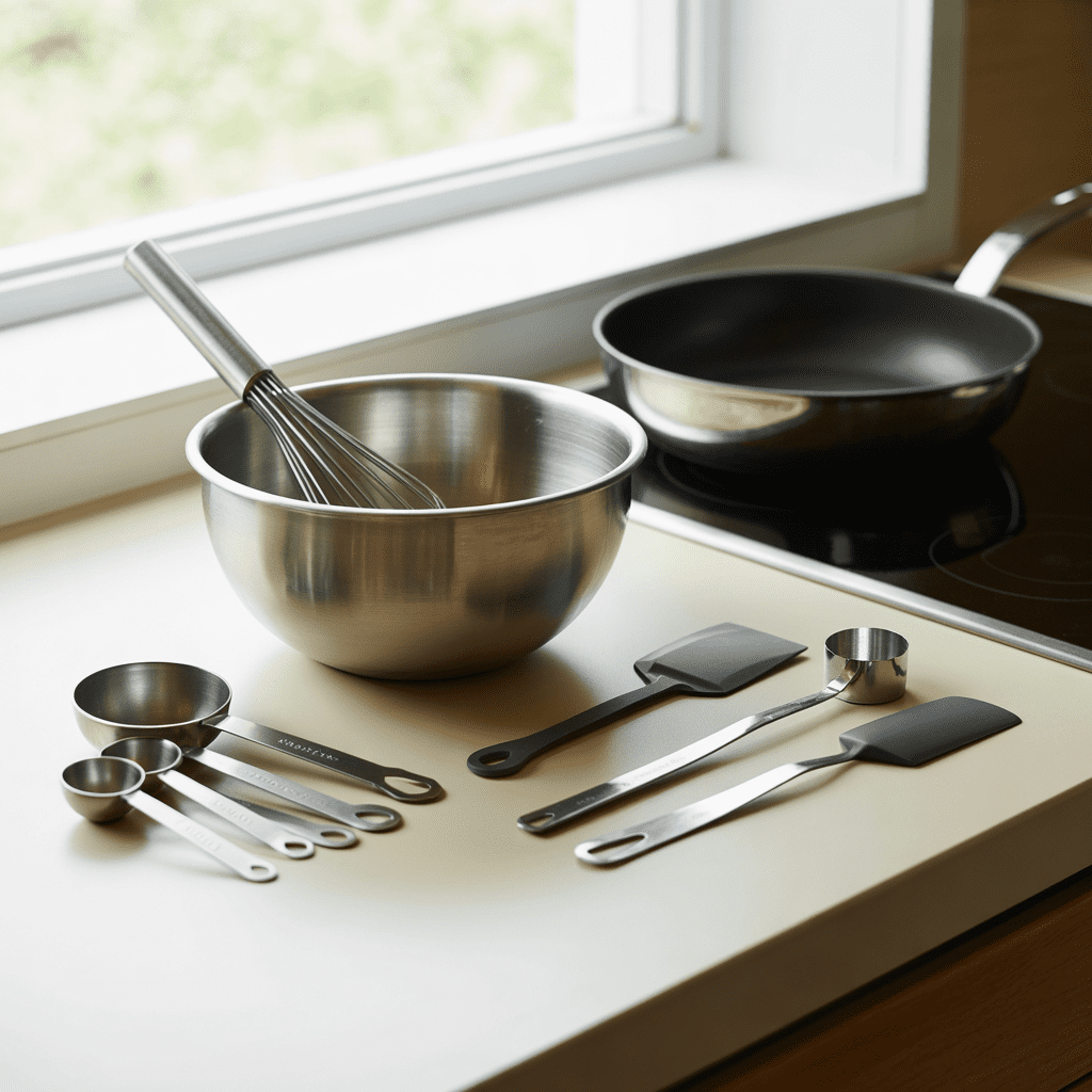 Basic tools for making almond butter pancakes including mixing bowl whisk nonstick skillet and spatula