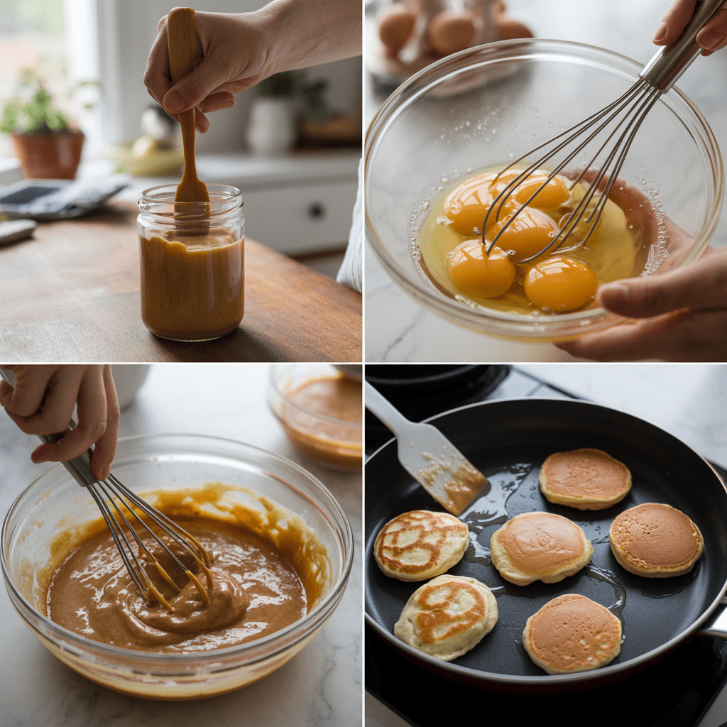 Step by step collage showing almond butter stirred eggs whisked batter mixed and small pancakes cooking in a skillet