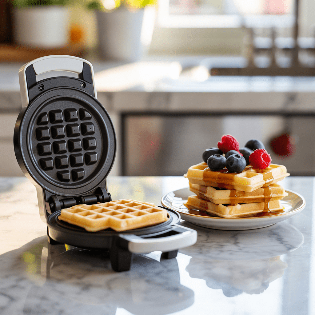 Mini waffle maker cooking a golden almond butter waffle with a stack of mini waffles and berries on a plate
