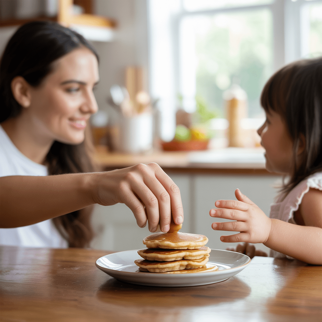 Parent and child sharing a plate of small almond butter pancakes at the breakfast table