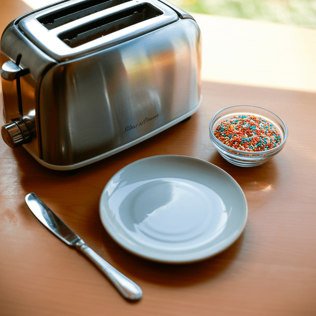 Basic tools for making Dutch sprinkle toast including a toaster plate butter knife and a small bowl of chocolate sprinkles