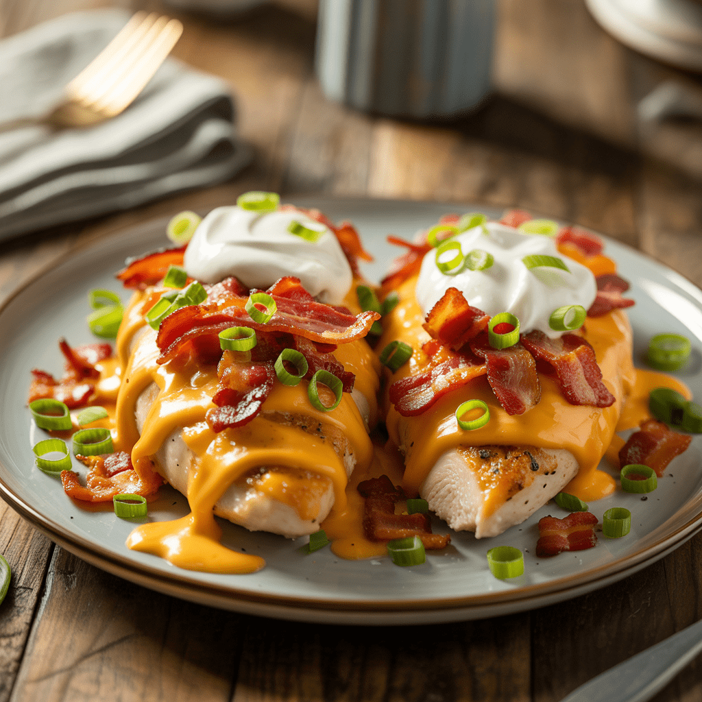 Final plate of loaded chicken breasts with bacon, cheddar, sour cream, and scallions.