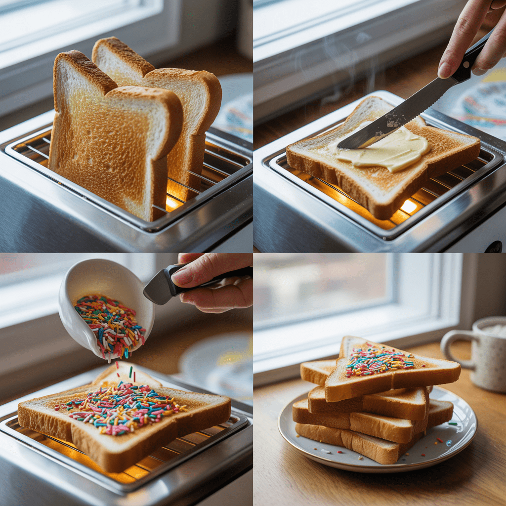 Step by step process for Dutch hagelslag toast from lightly toasted bread to buttered slices covered in chocolate sprinkles and cut into triangles
