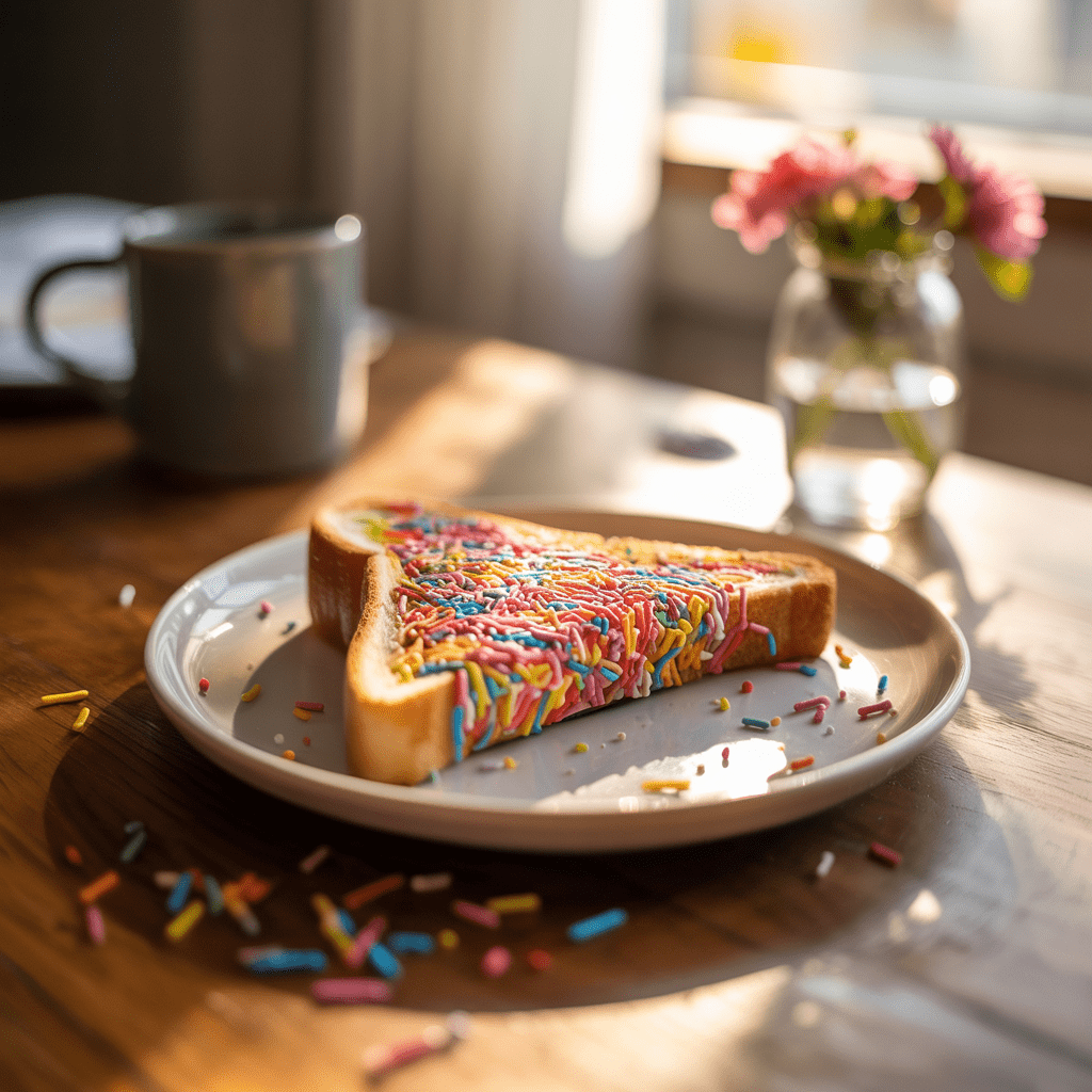 slice of Dutch sprinkle toast with crumbs and sprinkles on the plate showing a simple and loved three ingredient Dutch breakfast