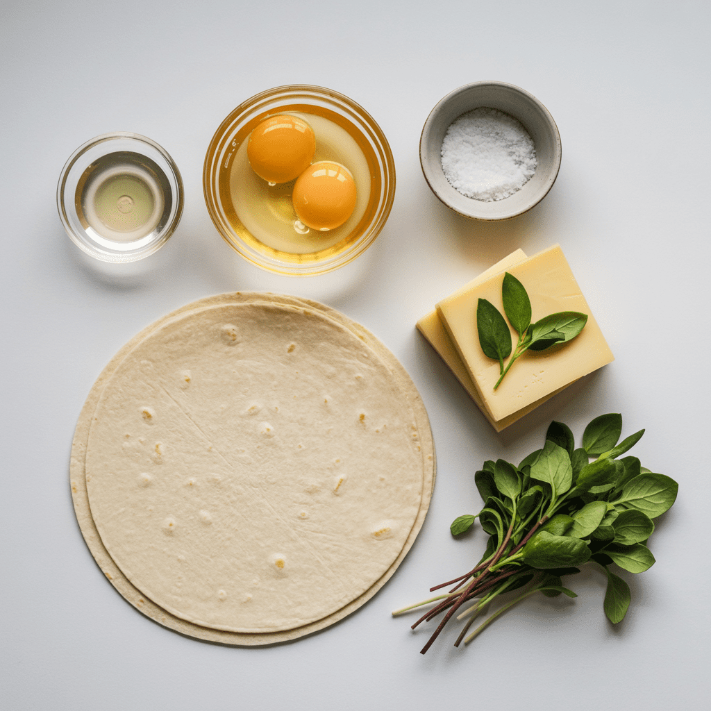 Ingredients for a two ingredient egg tortilla including eggs, a flour tortilla, oil, salt, and optional cheese and herbs