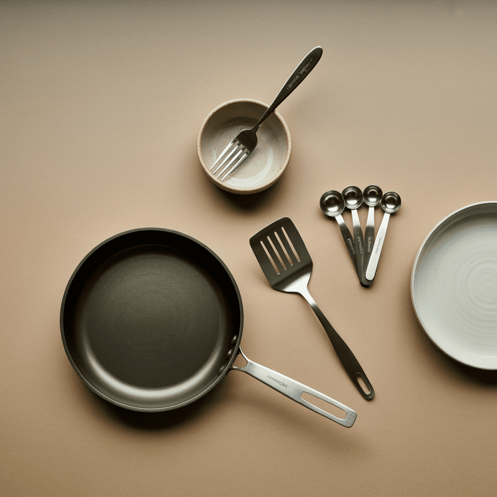 Nonstick skillet, bowl with a fork, measuring spoons, and a wide spatula laid out for making an egg tortilla