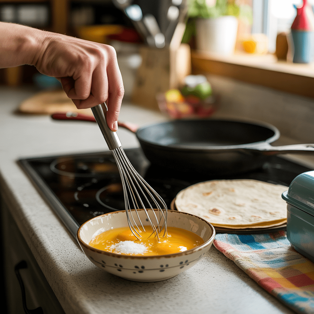 Hand whisking eggs with salt in a small bowl while a tortilla and skillet sit ready in the background