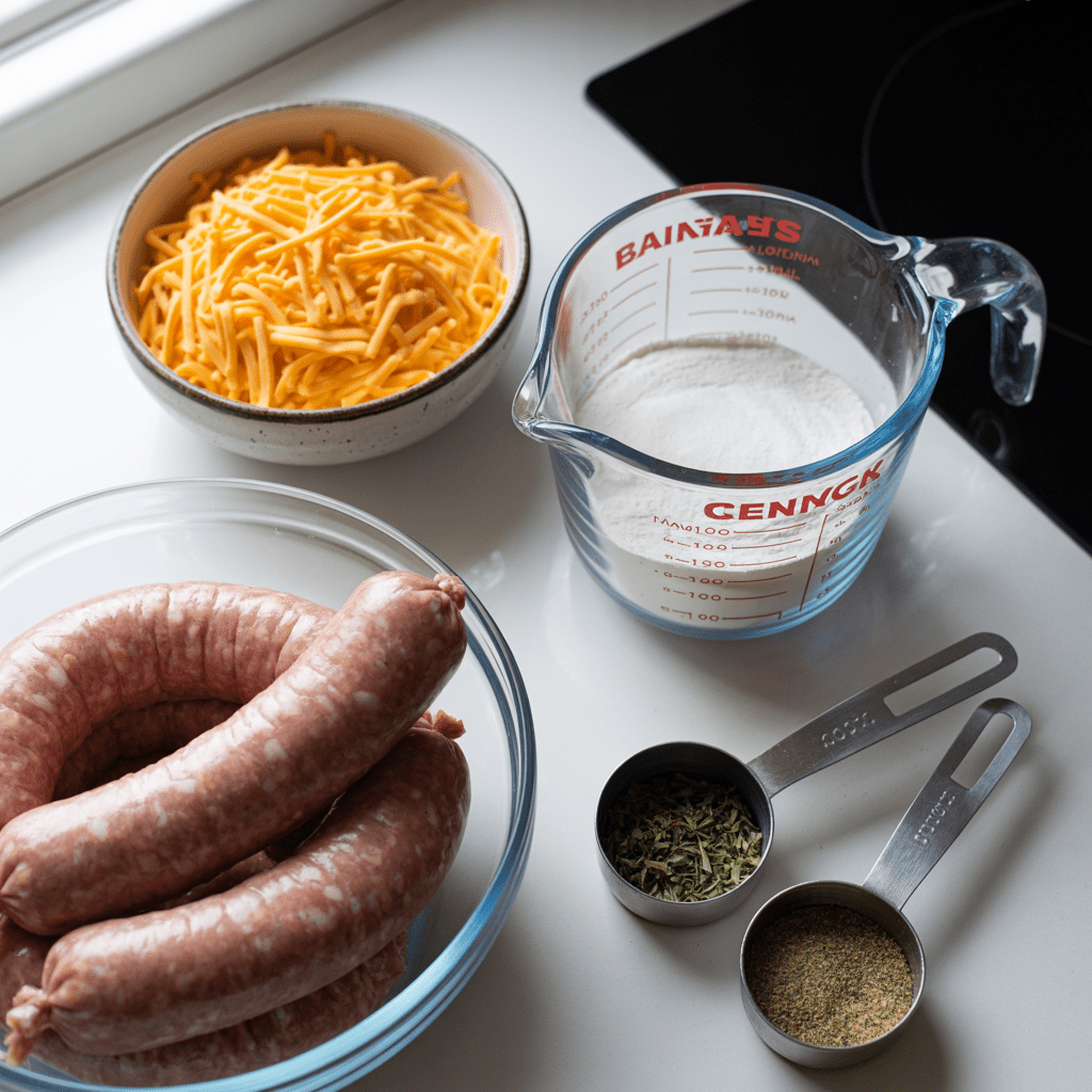 Ingredients for three ingredient sausage balls including sausage baking mix and shredded cheese