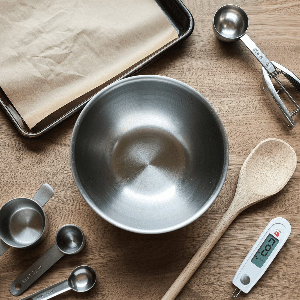 Basic kitchen tools laid out for making sausage balls at home