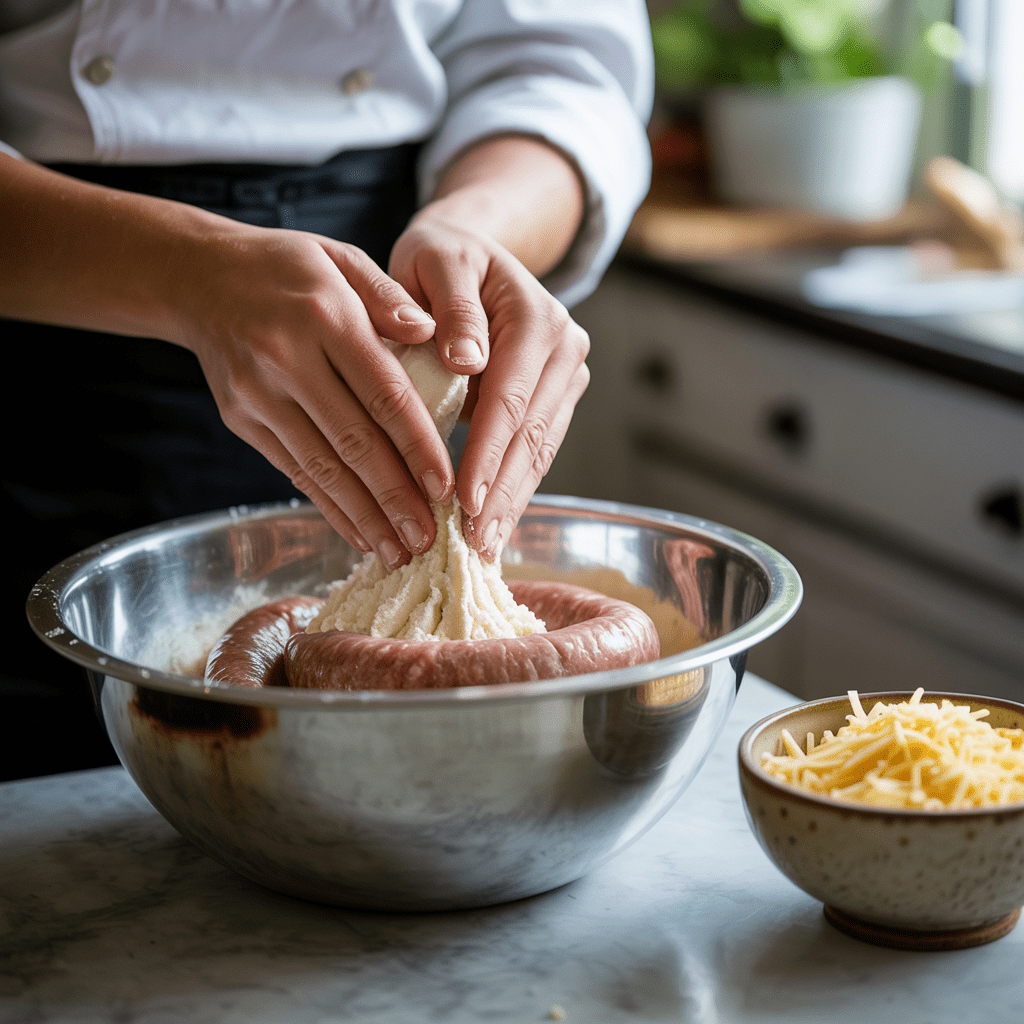 Hands mixing sausage and baking mix in a bowl for sausage balls