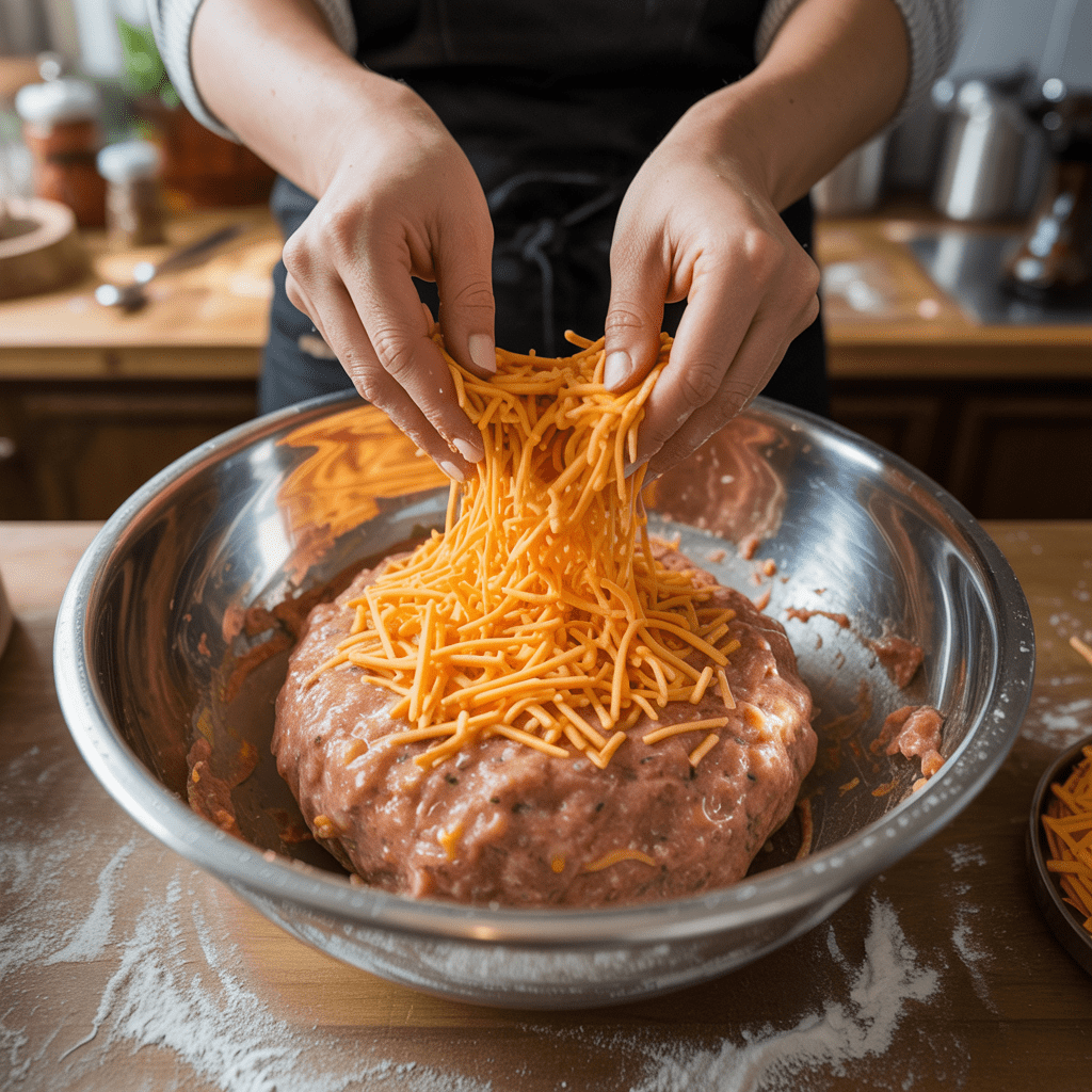 Shredded cheddar cheese being mixed into sausage ball dough