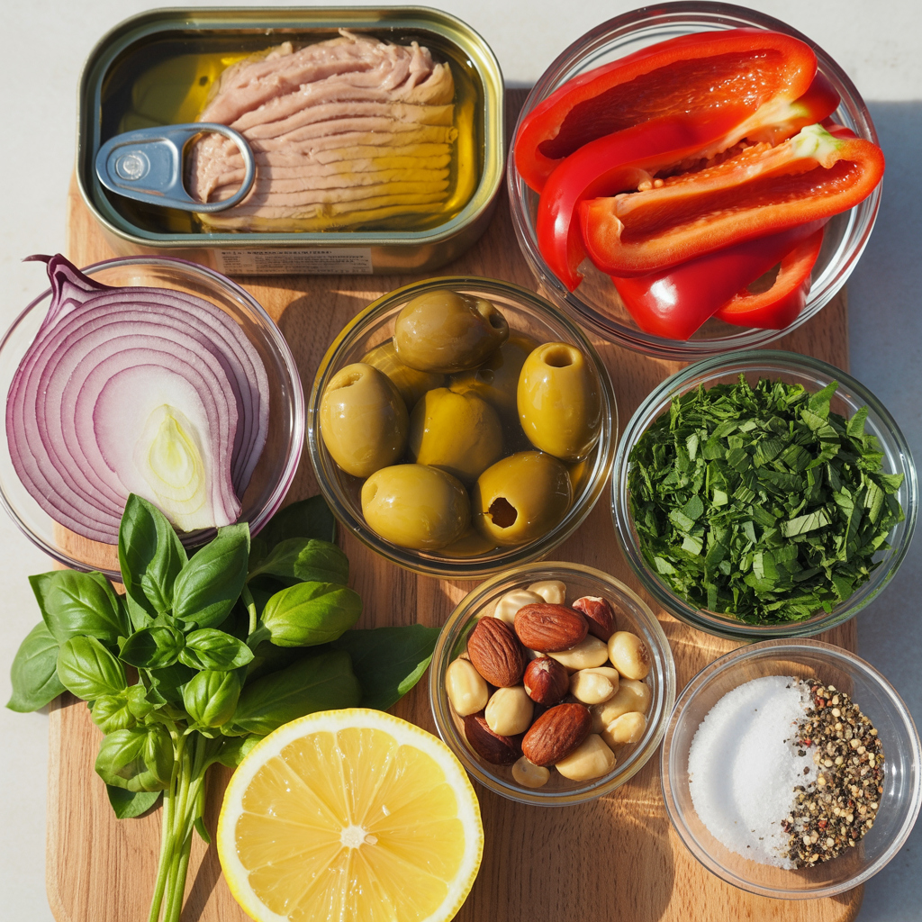 Ingredients for Italian tuna salad including olive oil packed tuna roasted red peppers kalamata olives herbs lemon and nuts