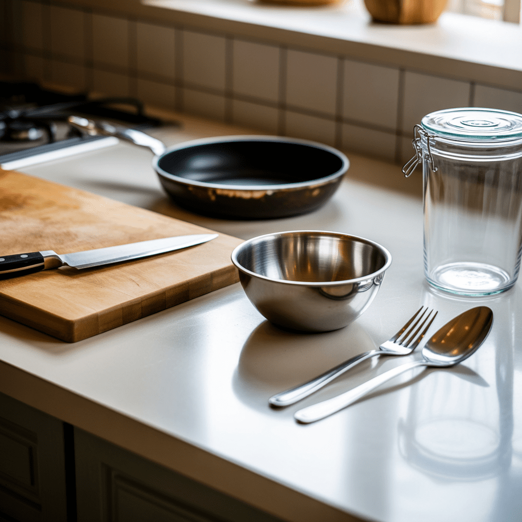 Cutting board skillet mixing bowl and basic kitchen tools needed to make Italian tuna salad