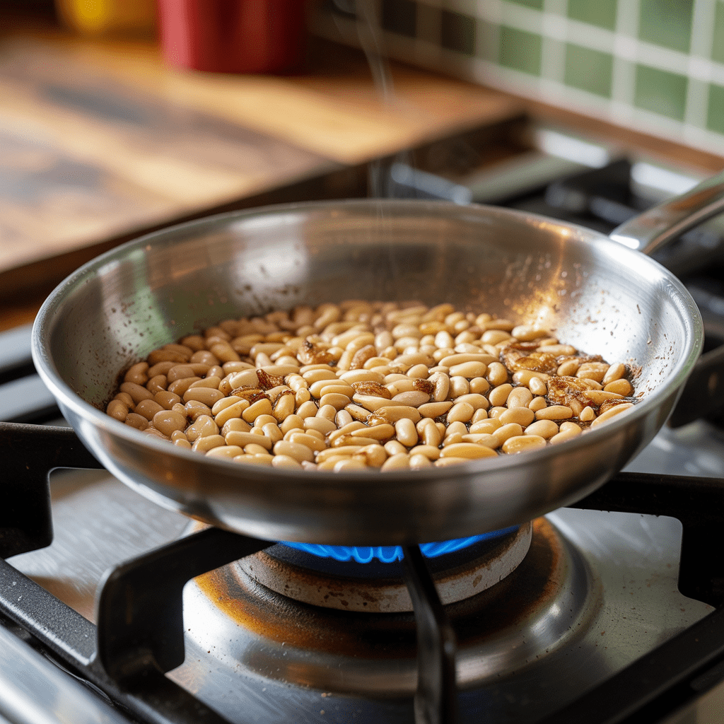Pine nuts toasting in a small skillet until light golden for Italian tuna salad