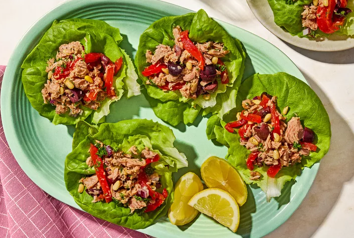 Italian tuna salad served with lettuce leaves