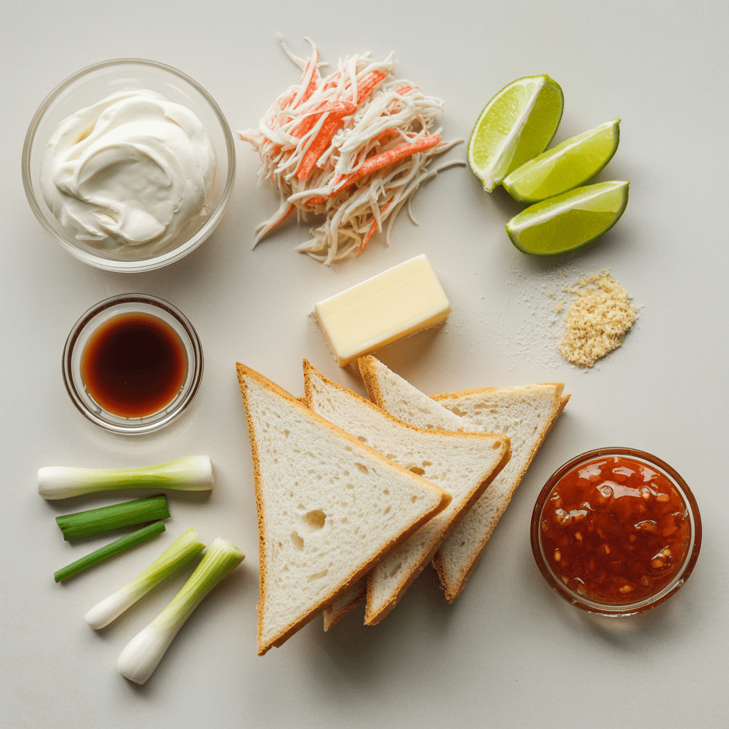 Ingredients for crab Rangoon sandwich including cream cheese crab surimi green onions white bread butter and sweet chili sauce