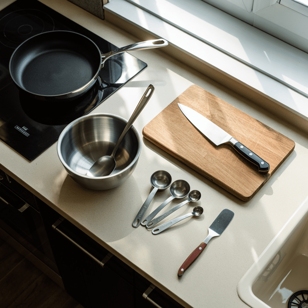 Nonstick skillet bowl knife measuring spoons and spatula arranged as tools for making a crab Rangoon sandwich