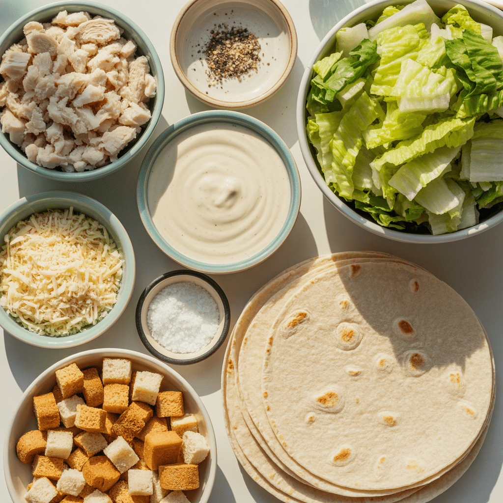 Ingredients for chicken Caesar wraps in small bowls including chicken, romaine, Caesar dressing, Parmesan, croutons, and tortillas.