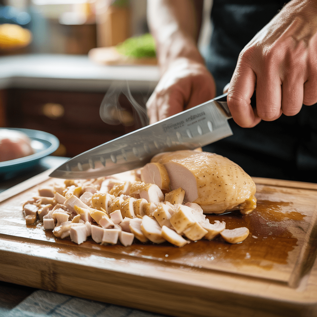 Cooked chicken breast being sliced into bite size pieces for chicken Caesar wraps