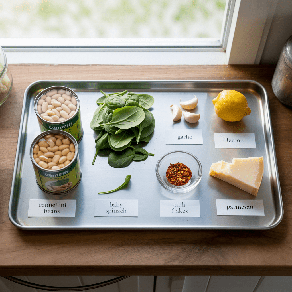 Labeled ingredients for creamy cannellini beans with spinach