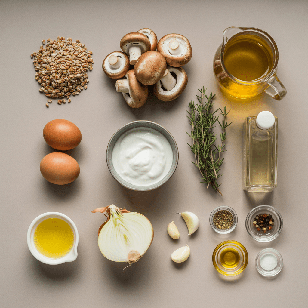 Flat lay of ingredients for farro mushroom and egg grain bowls including farro, mushrooms, eggs, yogurt, herbs, onion, and broth.