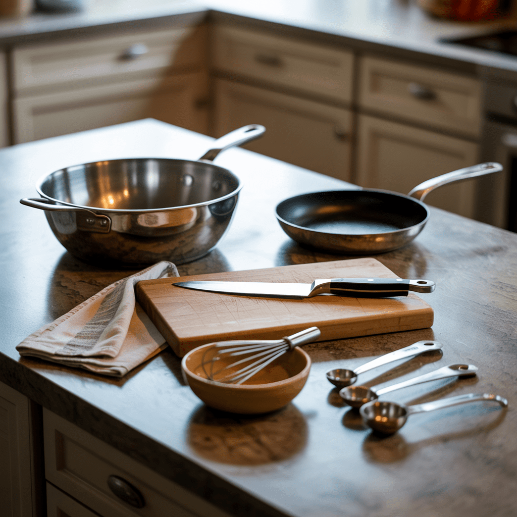 Cooking tools for farro grain bowls including a Dutch oven, nonstick skillet, cutting board, knife, and measuring cups.