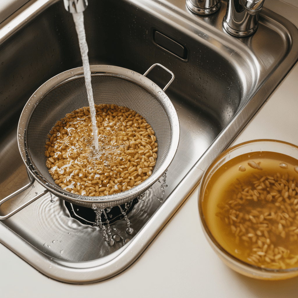 Farro soaking in vegetable broth in a glass bowl next to a strainer