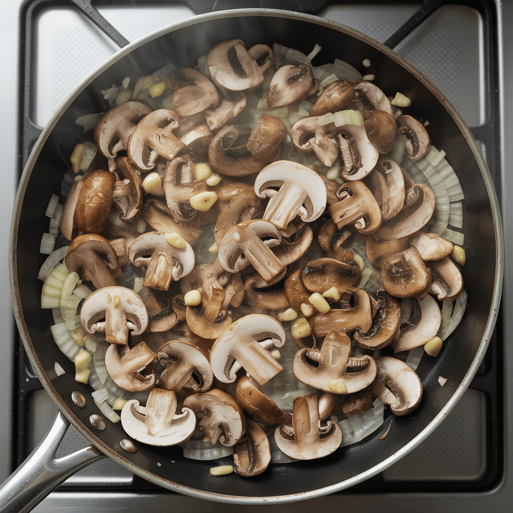 Mushrooms onions and garlic sautéing together in a skillet as the base for farro mushroom and egg grain bowls.
