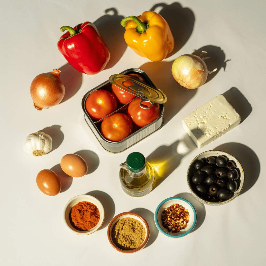 Flat lay of shakshuka ingredients including whole canned tomatoes, peppers, eggs, feta, and olives
