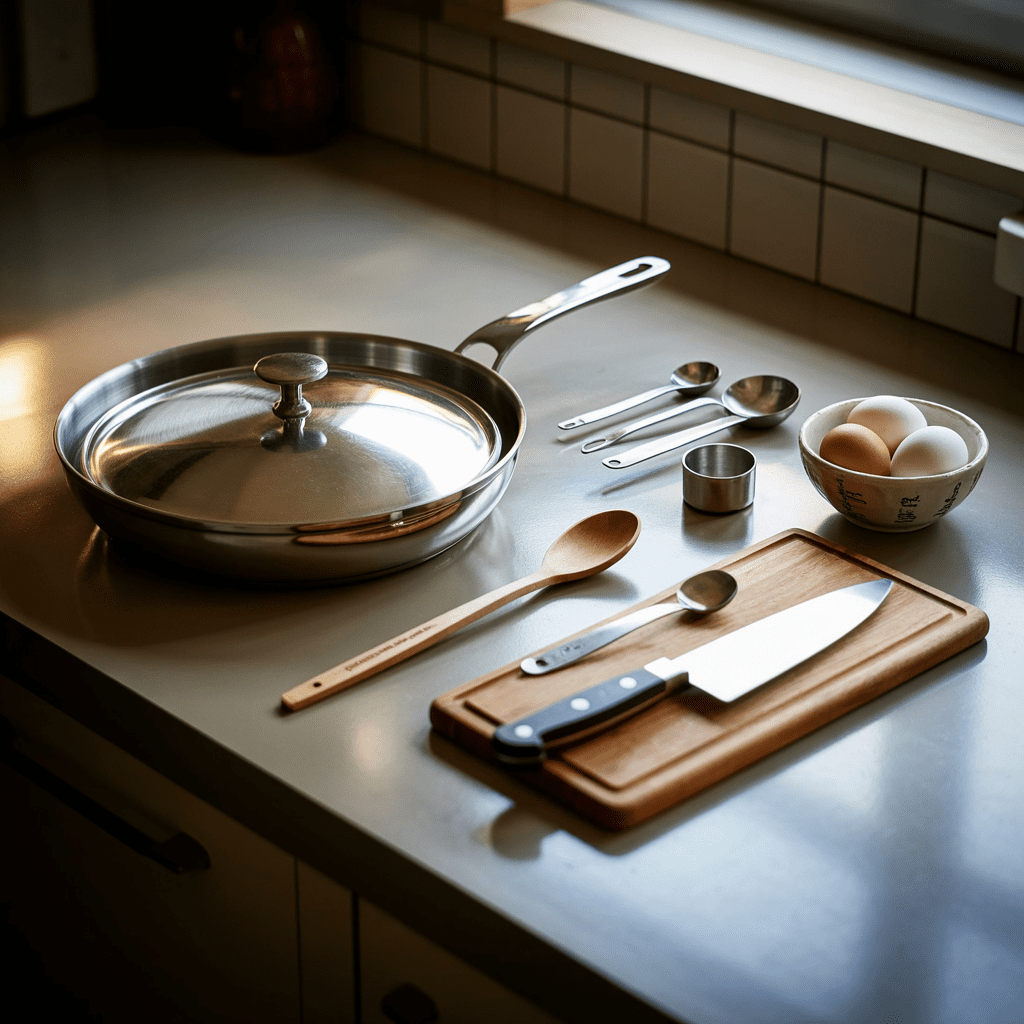 Skillet with lid, cutting board, knife, and basic kitchen tools needed for shakshuka
