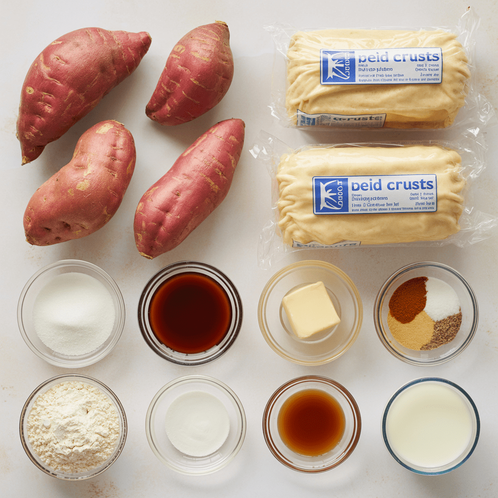 Ingredients for sweet potato sonker including Garnet sweet potatoes, pie crusts, sugar, molasses, butter, flour, spices, milk, and vanilla arranged on a counter